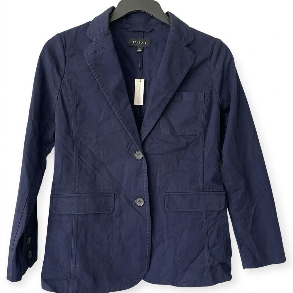 Talbots Blazer Jacket Sz 2 Navy Blue Two Button Flap Pocket Office Siren Work - Picture 2 of 14
